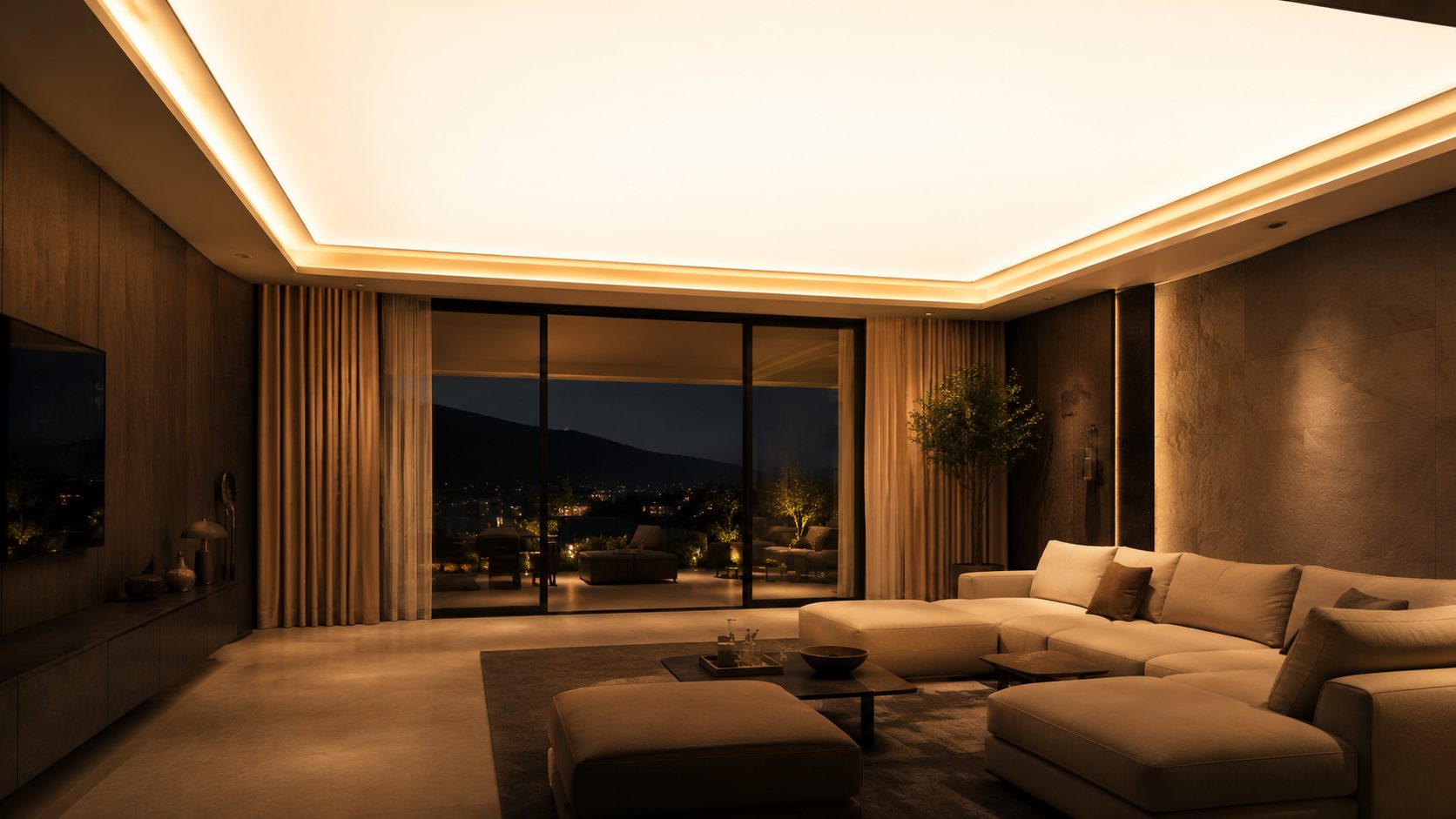 Gergi tavan ışık açık, sıcak altın backlit aydınlatma
